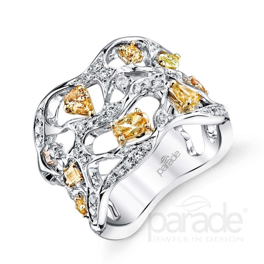 Colored Diamond Jewelry, $2,501 - $10,000 BD3144: Natural fancy colored diamonds (0.75 ct.) pop from a free-form web of high polished 18K gold and colorless diamonds (0.31 ct.)