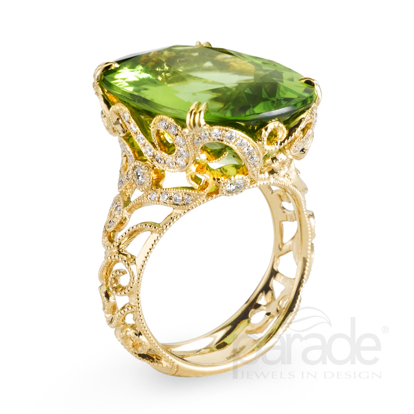 Yellow gold diamond and peridot ring.