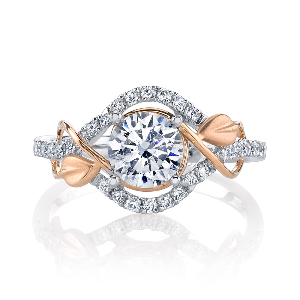 Designer floral inspired white and rose gold diamond engagement ring by Parade Design.