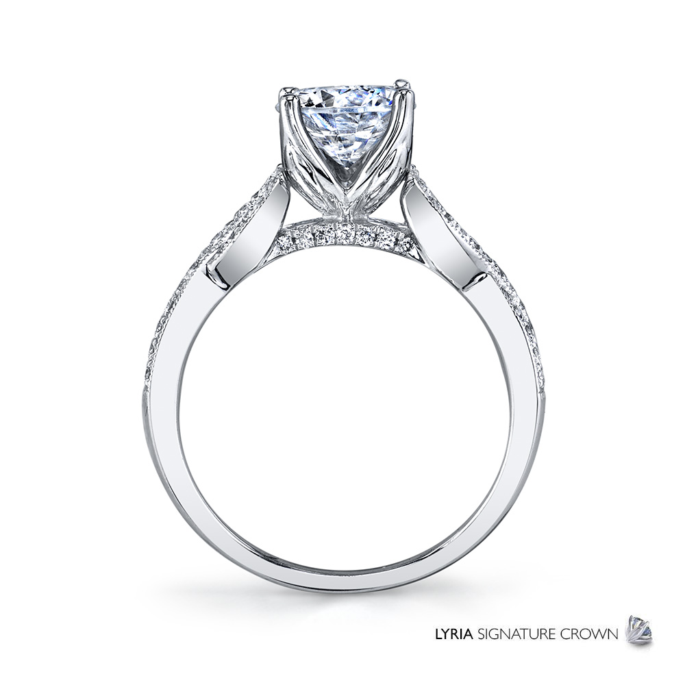 Contemporary designer diamond engagement ring featuring the Lyria Signature Crown.