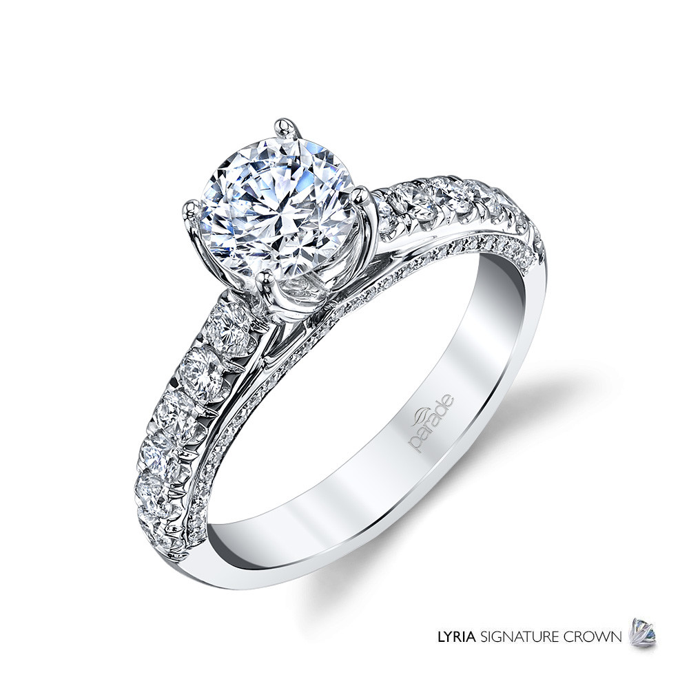 Classic designer diamond engagement ring featuring the Lyria Signature Crown.