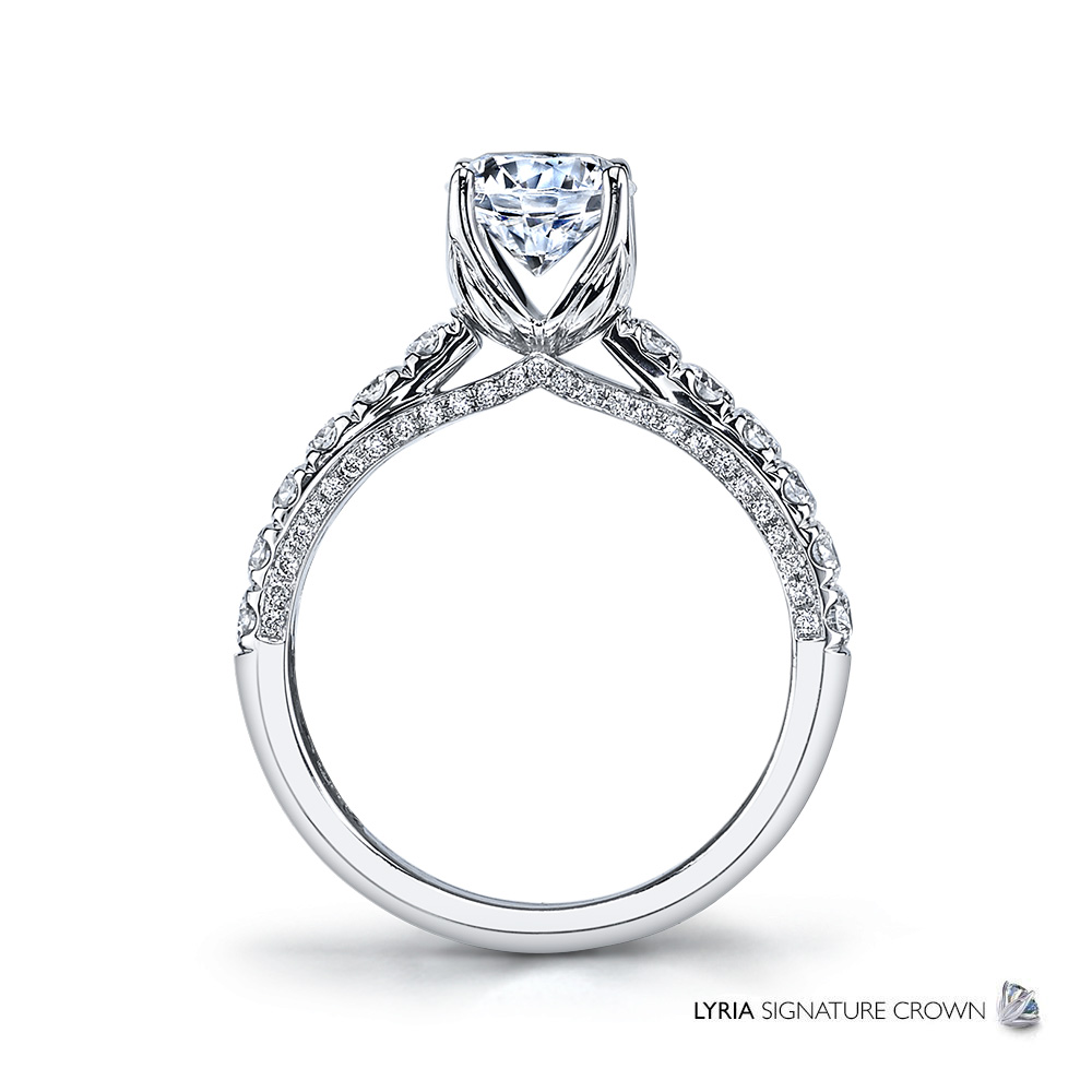 Classic designer diamond engagement ring featuring the Lyria Signature Crown.