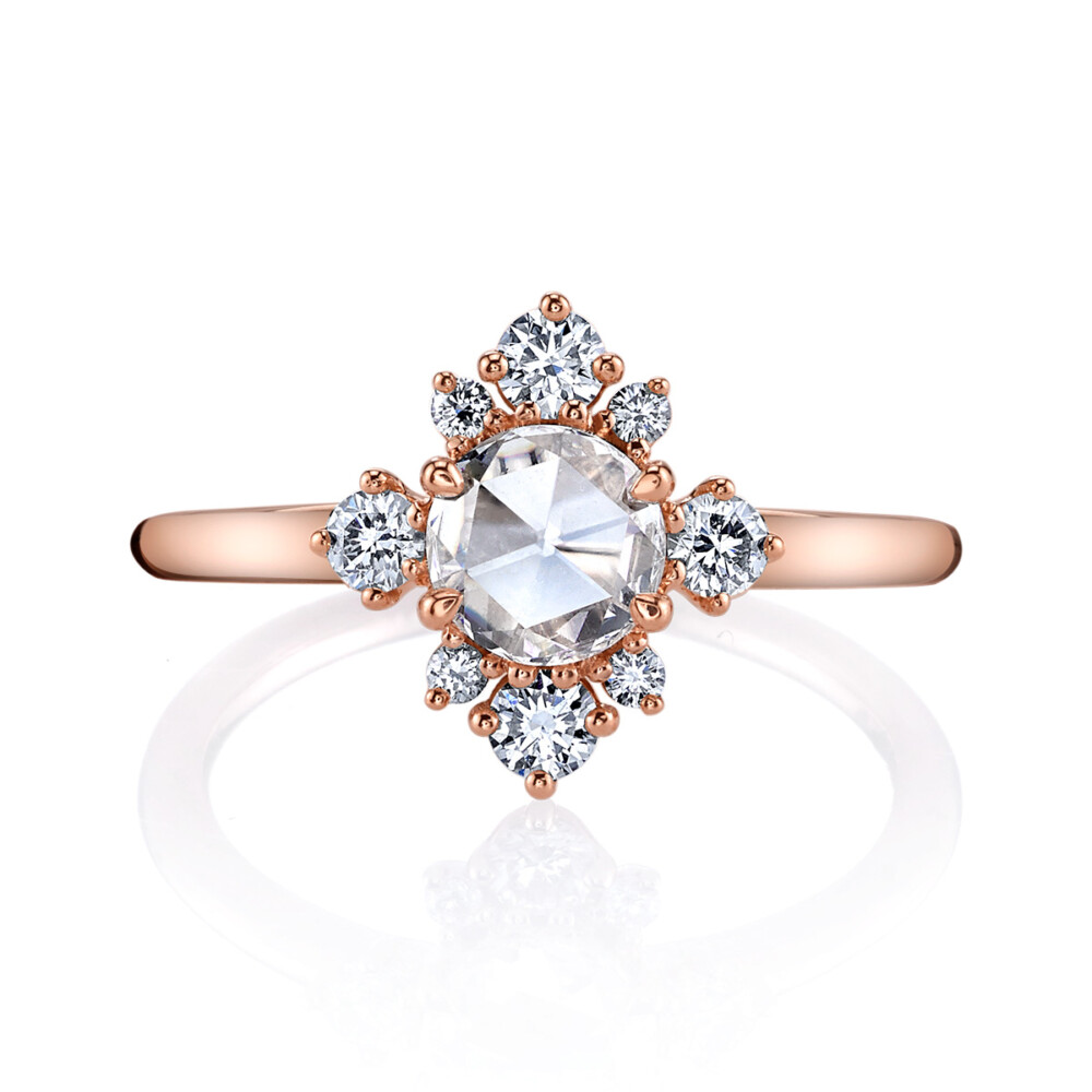 Designer diamond halo engagement ring with rose cut diamond from the Lumiere Bridal Collection by Parade Design.