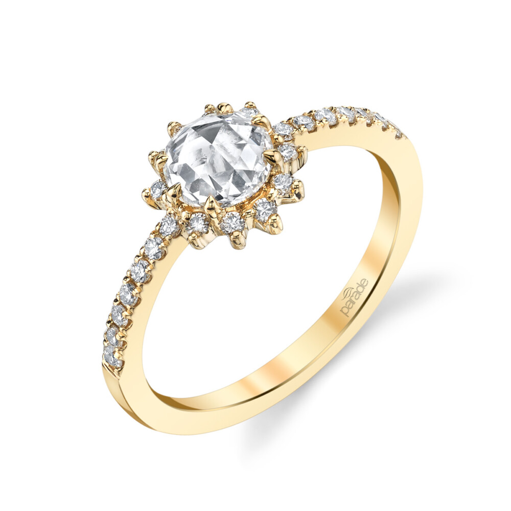 A designer diamond halo engagement ring with round rose-cut diamond by Parade Design.