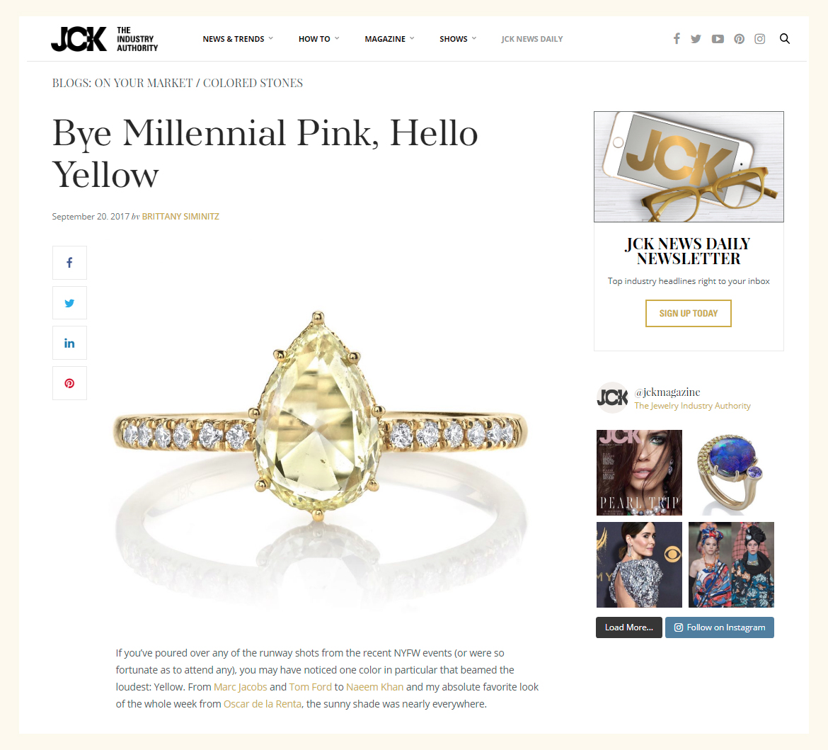 Hello, Yellow! Parades Gorgeous Yellow Diamond Ring Shines on JCK Online! 