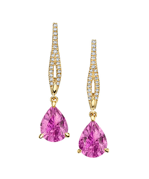 Yellow gold designer diamond and pink sapphire dangle earrings by Parade Design.