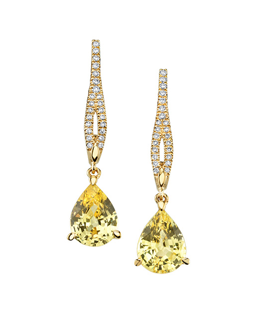 Yellow gold designer diamond and yellow sapphire dangle earrings by Parade Design.