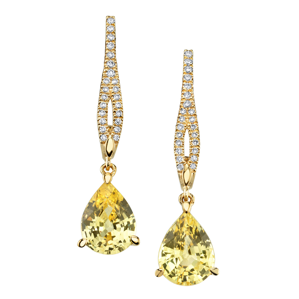 Yellow gold designer diamond and yellow sapphire dangle earrings by Parade Design.