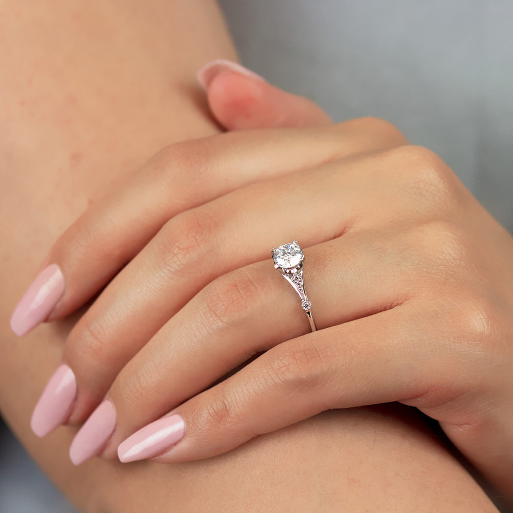 Vintage inspired designer diamond solitaire engagement ring by Parade Design.