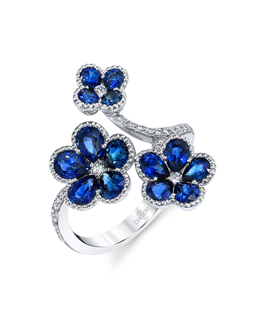 Designer diamond and blue sapphire floral cluster fashion ring by Parade Design.