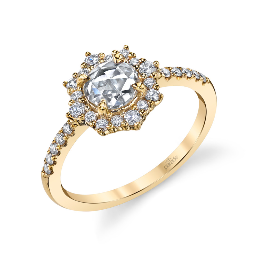 Designer rose cut diamond and diamond halo engagement ring by Parade Design.
