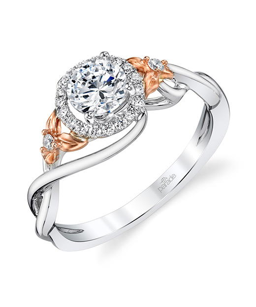 Designer, nature inspired, diamond halo engagement ring by Parade Design.