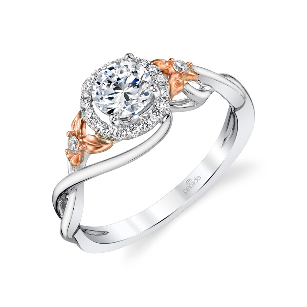 Designer, nature inspired, diamond halo engagement ring by Parade Design.